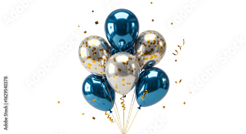 Blue and gold confetti balloons bouquet with golden ribbons isolated on white background perfect for celebrations and party decorations