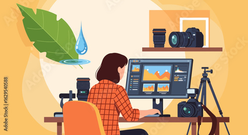 Cartoon vector illustration of a photographer editing pictures on a computer in her workspace