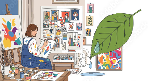 Creative artist in a studio painting surrounded by art supplies and inspiration