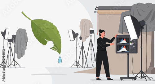 Behind the scenes of nature photography: A photographer adjusting settings for a leaf image