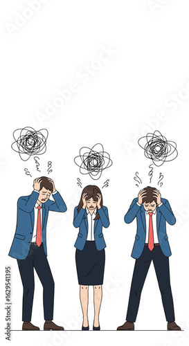 Three business people experiencing stress and overwhelm with tangled thoughts above their heads