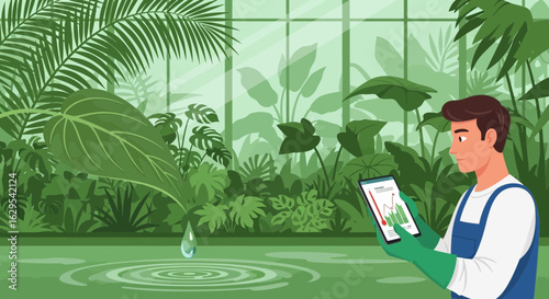Gardener analyzing plant growth data in a greenhouse using a digital tablet for better cultivation