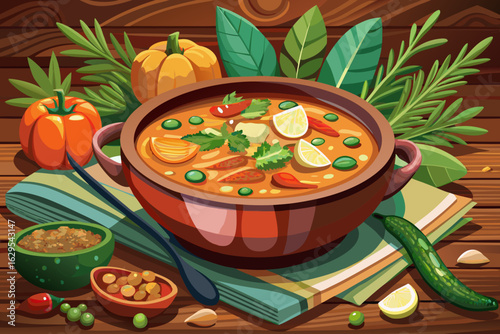 vector of Healthy vegetable soup in rustic bowl on wooden table - comfort food