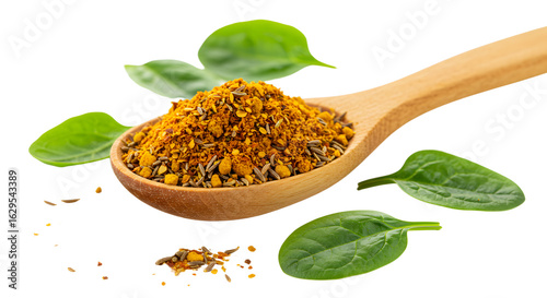 Wooden spoon with dried herbs and spices surrounded by green basil leaves on white background, perfect for cooking and seasoning recipes