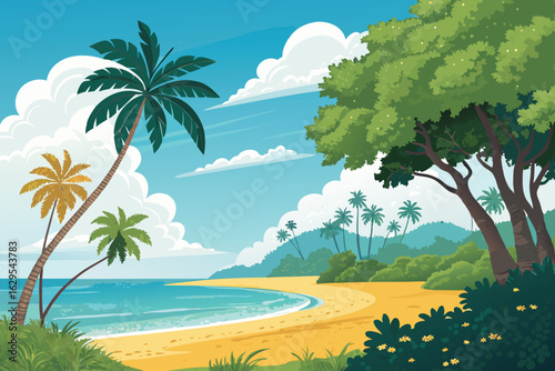 Summer Beach Backgrounds Vector – Tropical Seaside Landscape with Ocean Waves, Sand, Palm Trees, Sunset Sky, Vacation Theme Illustration for Travel, Holiday, and Nature Design Projects

