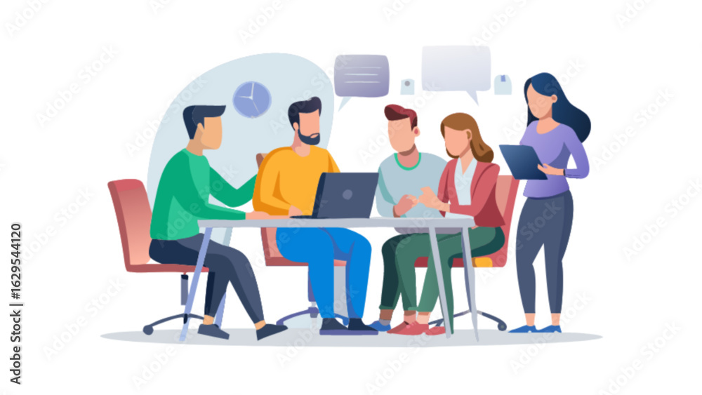 Obraz premium Team meeting collaboration discussion brainstorming business strategy teamwork vector illustration design