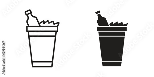 Ice bucket and bottle icon. simple, flat, black, outline.
