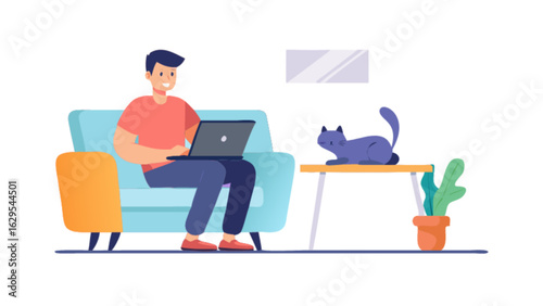 Man working at home on laptop with cat illustration vector design for remote work and lifestyle concept
