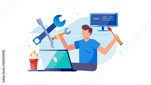 It support technician fixing computer laptop with tools and equipment service and maintenance concept