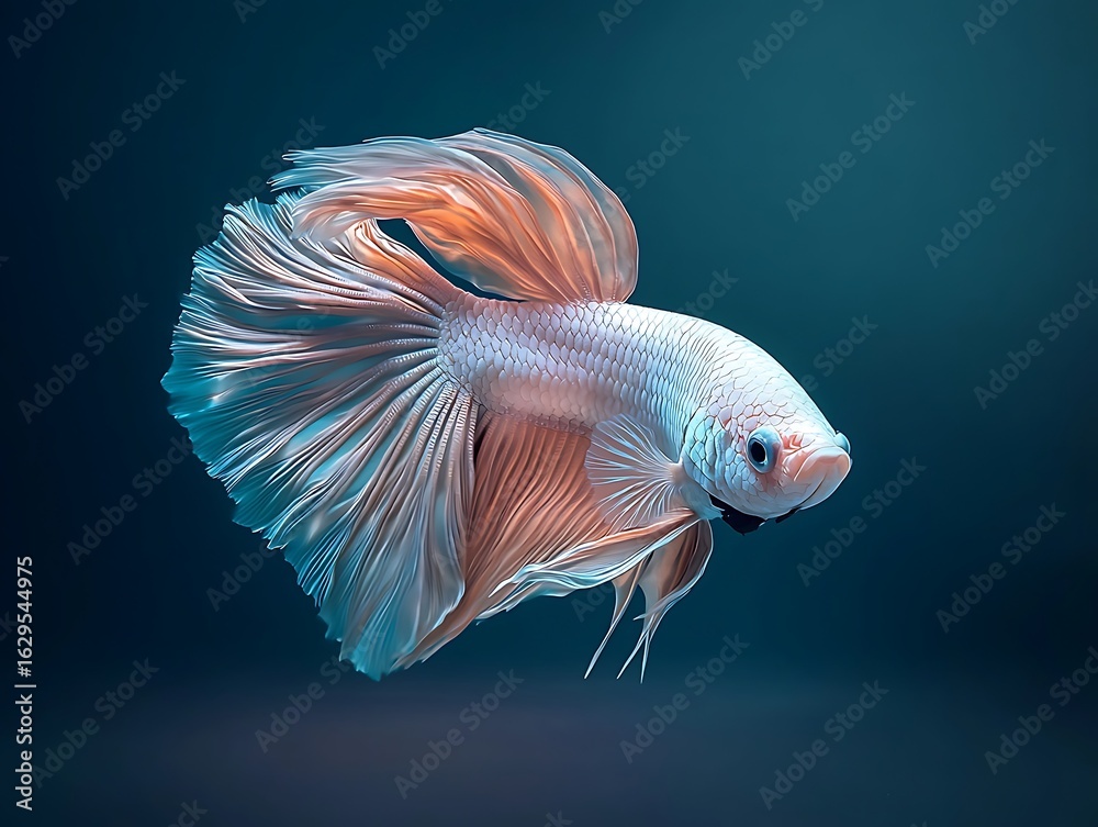 Fototapeta premium Elegant Betta Fish with Flowing Fins and Soft Lighting in a Calm Underwater Setting