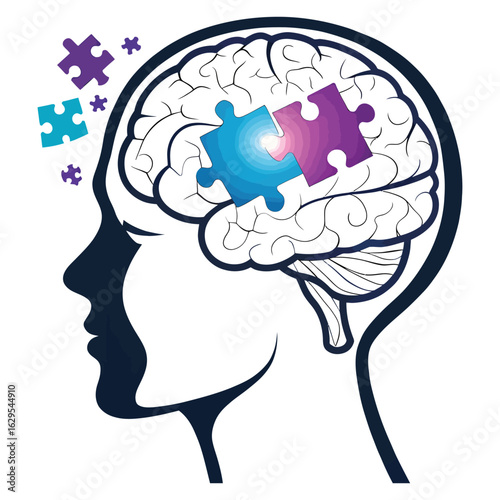 Mind Puzzle: A symbolic representation of the human mind, with a silhouette profile of a person's head revealing a brain-shaped puzzle.