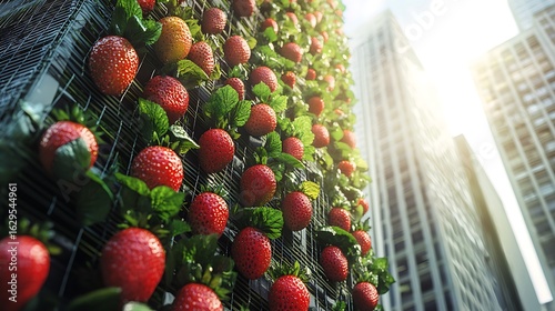 Sensor-equipped vertical strawberry tower in city setting 