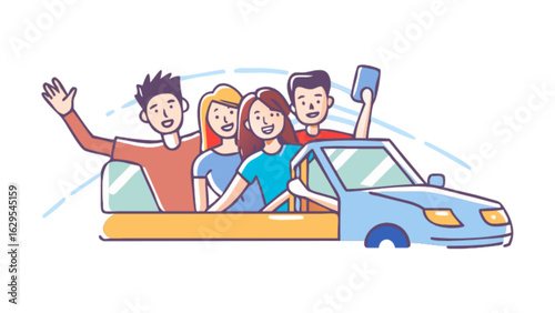 Cartoon carpool illustration with friends driving vacation road trip travel adventure and friendship concept 100