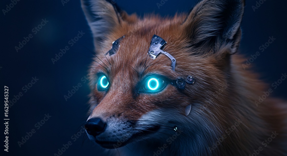 Naklejka premium Cybernetic Fox Glowing Eyes Dark Background