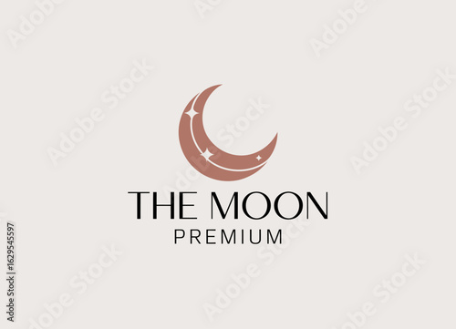 This stylish logo features a chic crescent moon design adorned with sparkling stars, symbolizing magic, dreams, and beauty, ideal for premium brands and services.