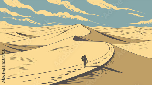 Illustration of desert landscape with traveler hiking through sand dunes under cloudy sky adventure journey