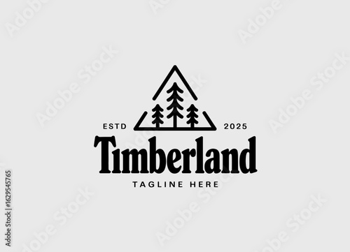 This minimalist logo design features a stylized mountain and tree symbol, representing outdoor adventures and environmental consciousness for the Timberland brand.