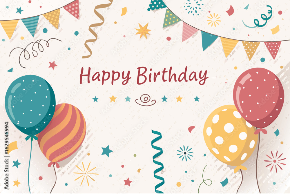 Fototapeta premium Colorful Happy Birthday Greeting Card Background Vector – Festive Celebration Design with Balloons, Confetti, Typography, Party Elements, Ideal for Invitations and Social Media Graphics
