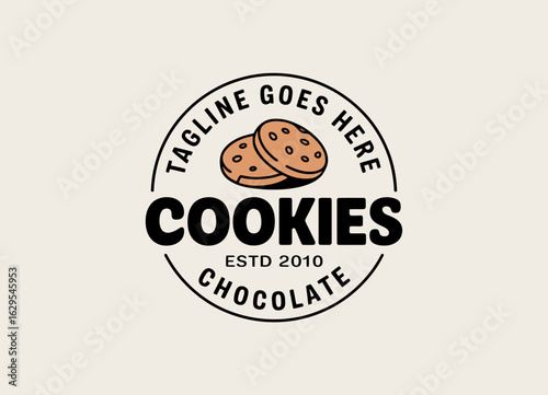 This image showcases a logo design featuring a pair of delicious chocolate cookies, highlighted with the option for a customizable tagline and a classic aesthetic.