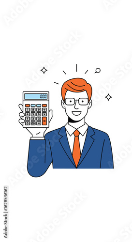 Successful businessman holding calculator with pride and confidence demonstrating financial success and smart calculations