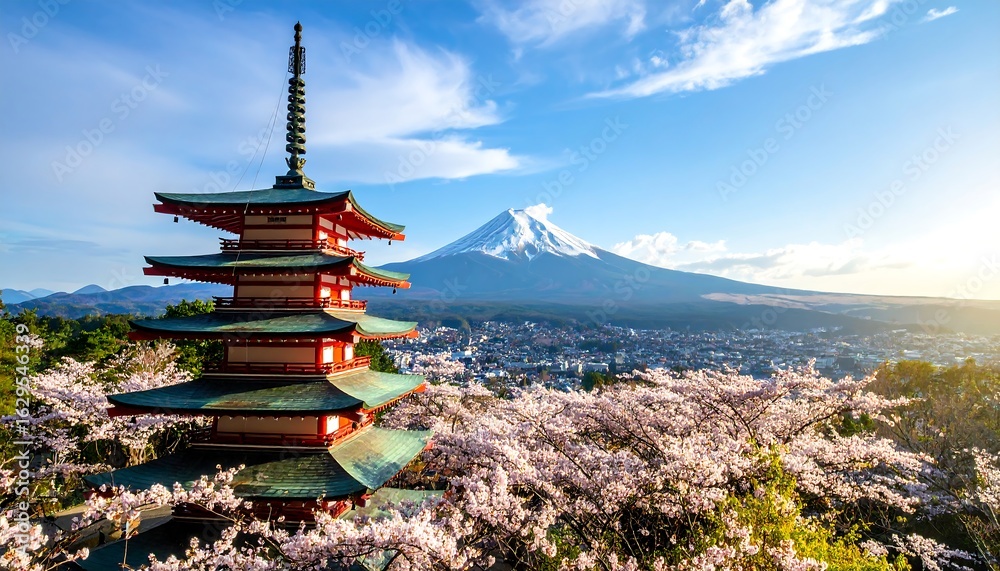 Obraz premium Stunning Japanese Pagoda with Mt. Fuji and Cherry Blossoms