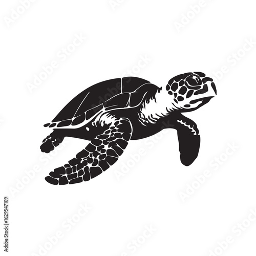 A black and white silhouette of a sea turtle swimming. The turtle's shell and skin are rendered in a high-contrast style, highlighting the intricate patterns and textures.