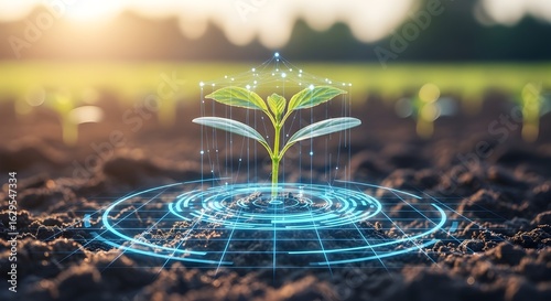 Small Plant Sprouting from Soil Surrounded by Digital Network, Symbolizing Modern Agriculture Innovation, Smart Farming, Eco Friendly Technology, Sustainable Growth, and Future of Agri Tech Solutions.