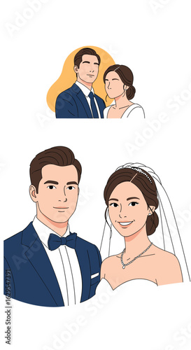 Beautifully illustrated happy couple portrait for wedding day celebration and romantic moments