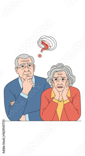 Elderly couple experiencing memory loss and cognitive decline with worried expressions depicting confusion and concern about their mental health