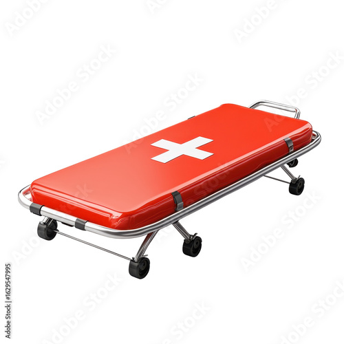 Red emergency medical stretcher with white cross, a symbol of healthcare and urgent patient transport, for hospital and ambulance services on transparent background