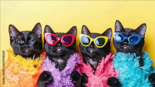 Black cats wearing party hats and sunglasses in a whimsical .