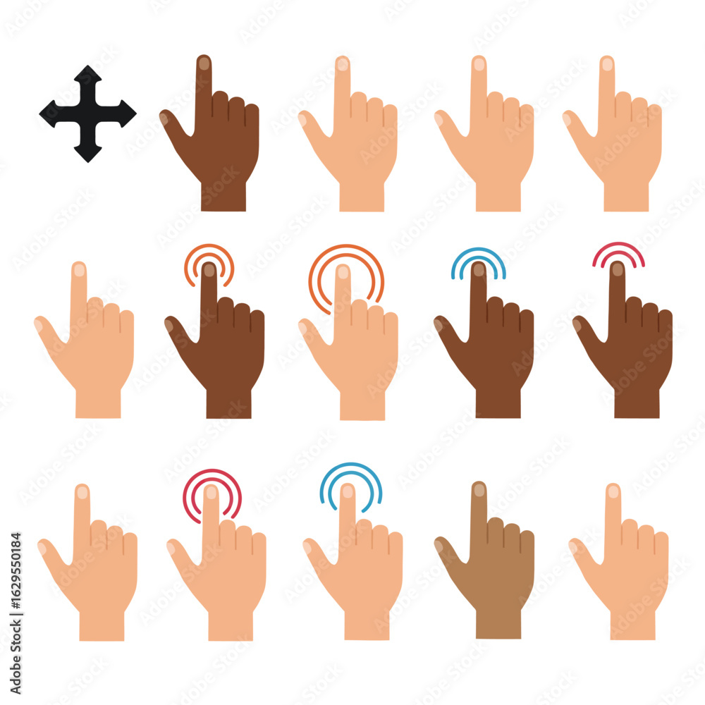 Obraz premium Diverse Hands: Tap, Click, Cursor Icons, Flat Design