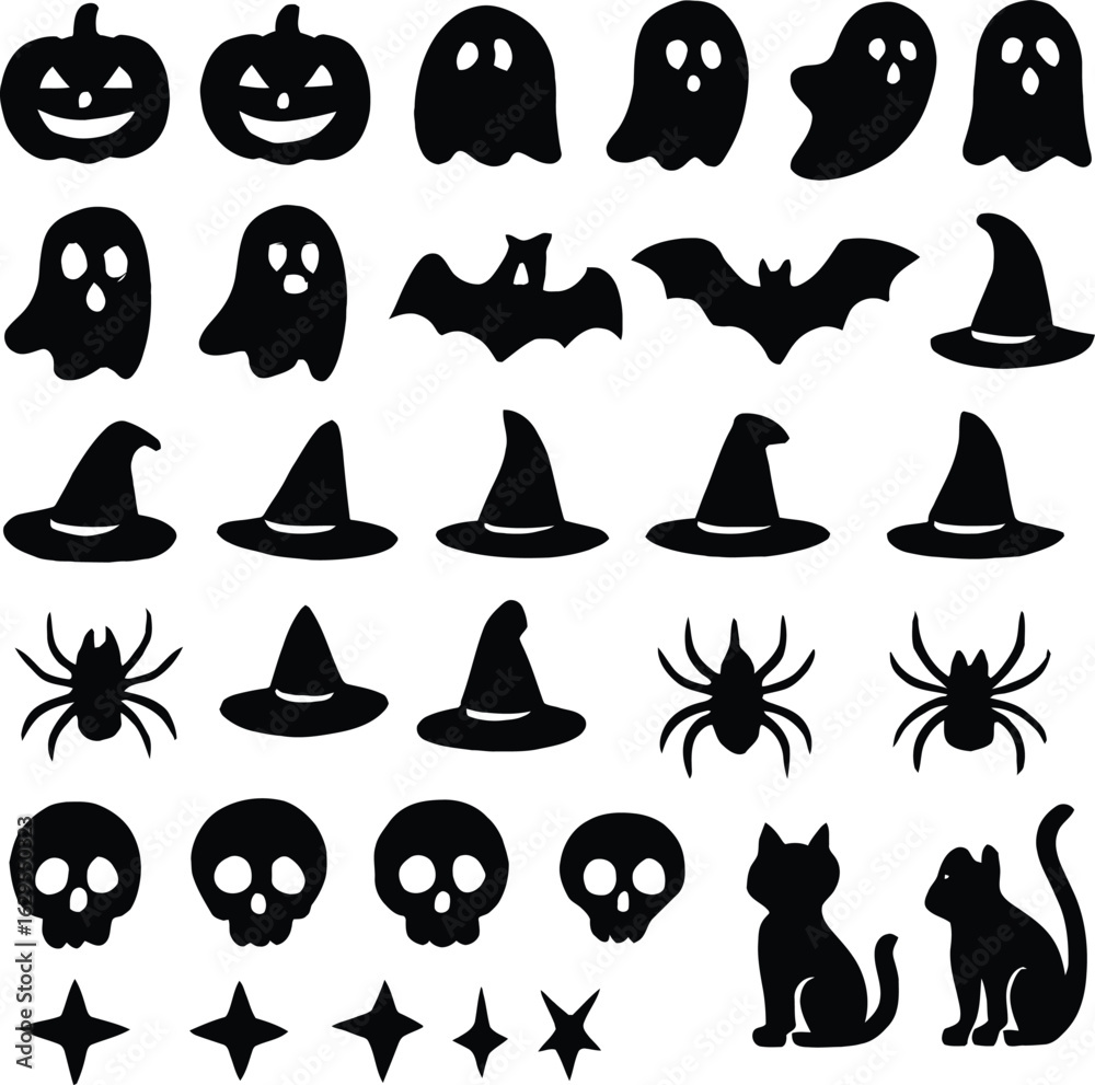 Naklejka premium Assorted Halloween Icon Silhouettes Pumpkins Ghosts Bats Hats Spiders Skulls Stars and Cats