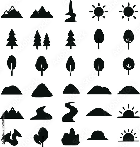Black and White Landscape Elements Mountains Trees Sun River and Hills