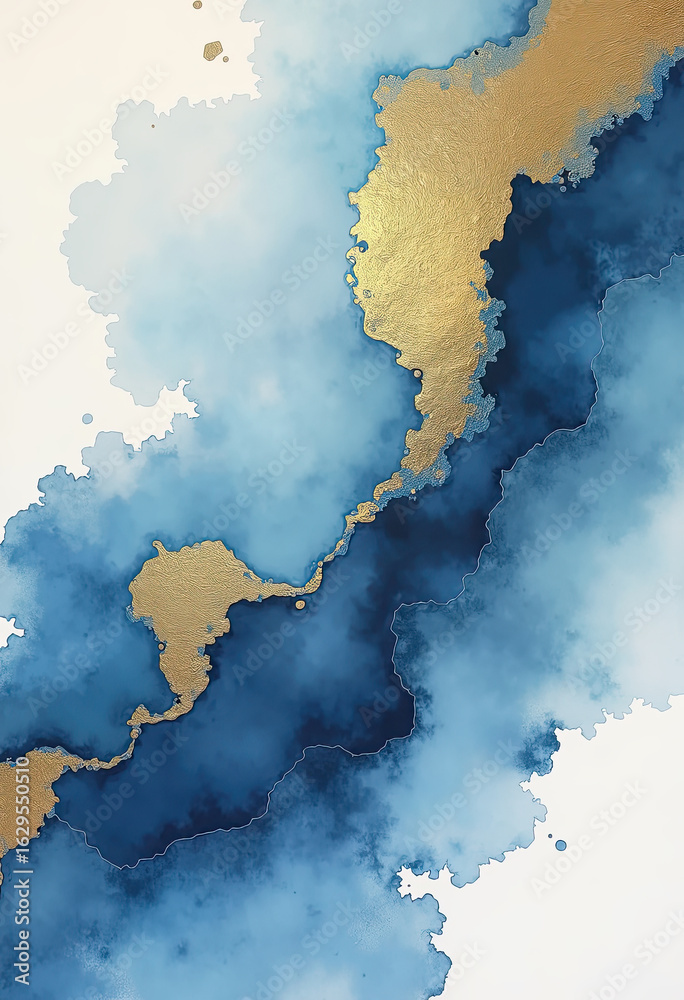 Obraz premium An elegant and luxurious abstract background featuring a beautiful blend of blue watercolor texture and rich, flowing gold foil accents for a modern, artistic design. 