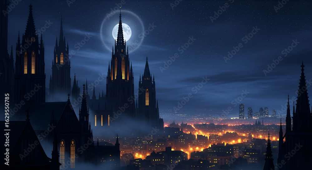 Fototapeta premium Mysterious gothic skyline illuminated by full moonlight and distant city lights, blending medieval architecture with a modern horizon in a moody night scene.