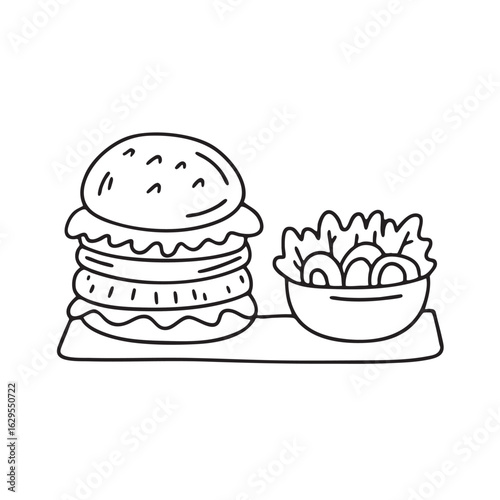 Doodle illustration of a plate with burger and salad side by side