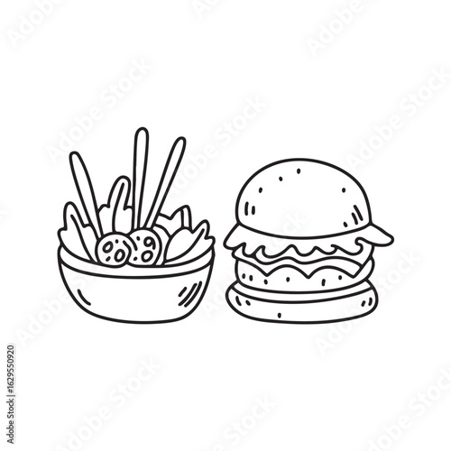 Doodle illustration of a burger placed next to a bowl of fresh salad