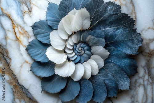 Spiral arrangement of blue and white leaves on marble, creating a natural, artistic composition.
