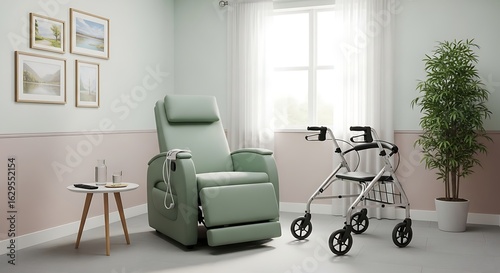 Serene and accessible room for senior living featuring a supportive recliner chair and a walker for mobility assistance.