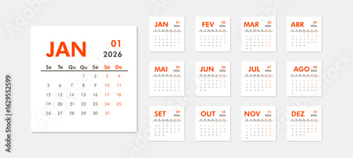 Black and red portuguese calendar for 2026. Large month of January on left, thumbnails of all months with abbreviated name on right, Monday week start