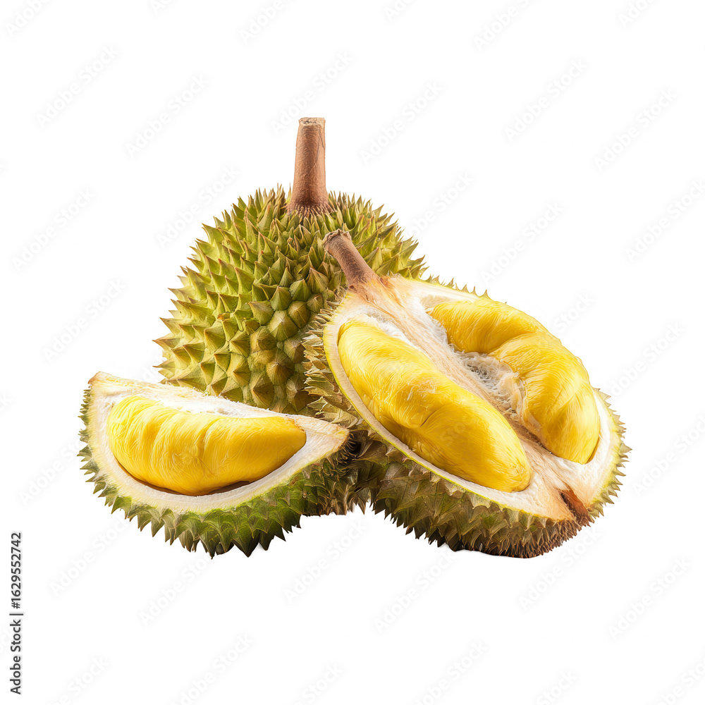 Fototapeta premium Ripe durian fruit, halved, displaying creamy yellow flesh