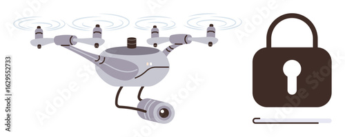 Drone equipped with camera flying beside locked padlock, symbolizing surveillance, security measures, monitoring. Ideal for cybersecurity, data protection, privacy, technology, surveillance AI