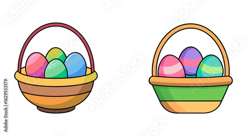 Set of flat colourful easter egg in basket vector illustration design