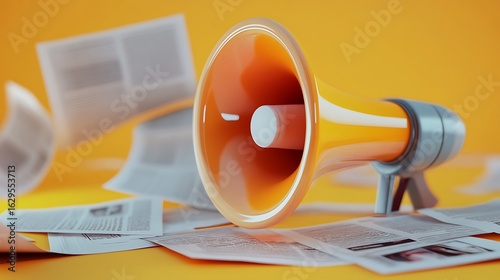 3D megaphone and newspaper icons for news announcement or daily press update