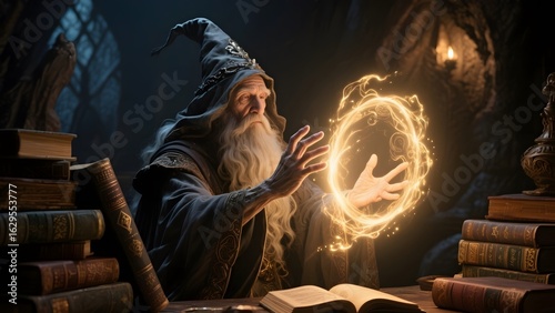 A wizard in a dimly lit room conjures a glowing magical circle with his hands, surrounded by ancient books.