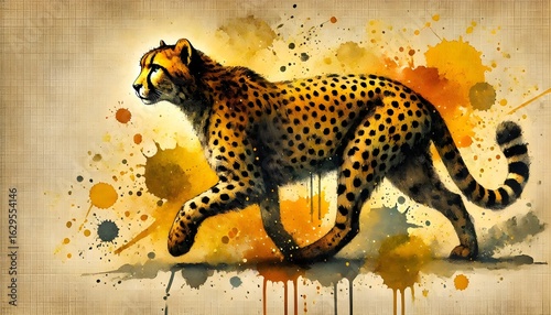 Watercolor-style illustration of a cheetah with colorful paint splatters in a warm yellow colour theme.