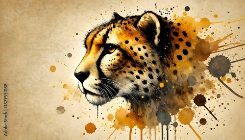 Watercolor-style illustration of a cheetah with colorful paint splatters in a warm yellow colour theme.