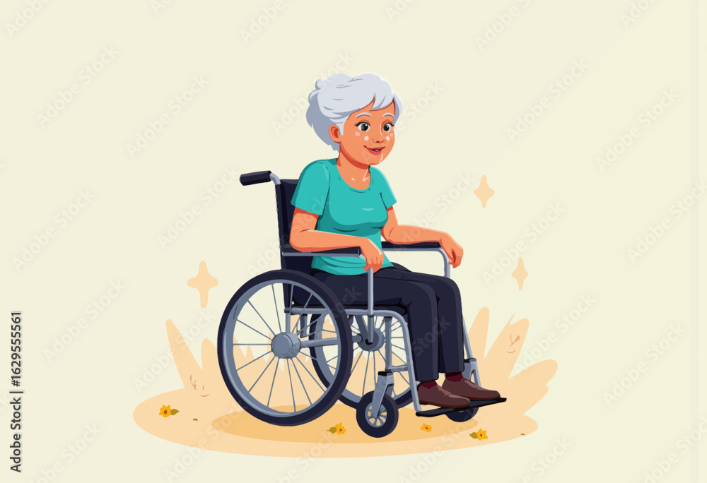Elderly woman smiling while sitting in wheelchair with light background Elderly woman smiling while sitting in wheelchair with light background