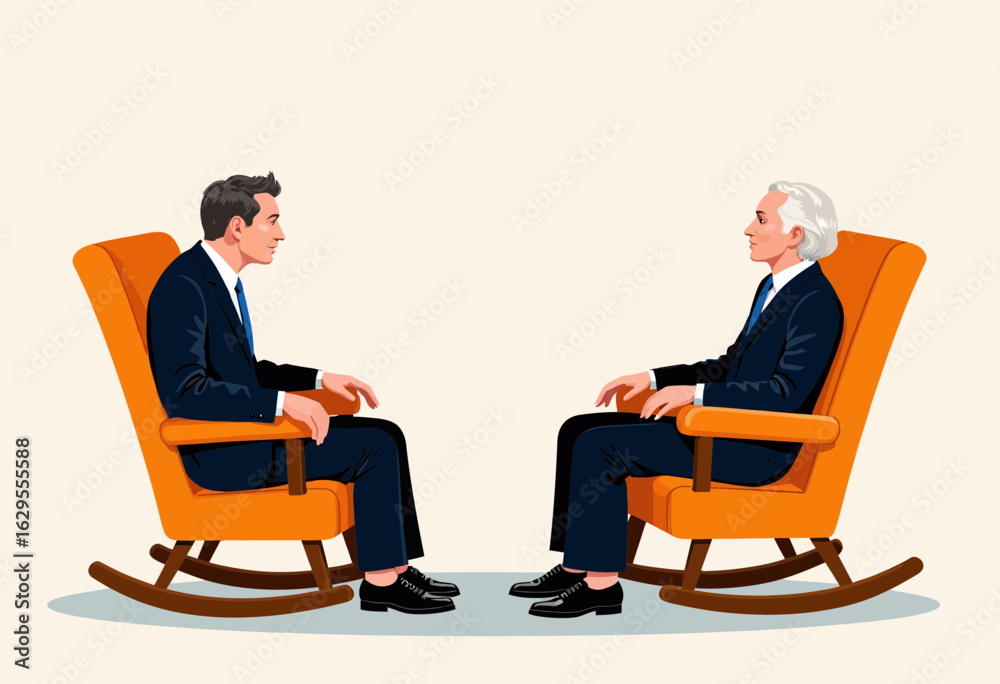 Businessmen sitting in rocking chairs engaged in conversation Businessmen sitting in rocking chairs engaged in conversation